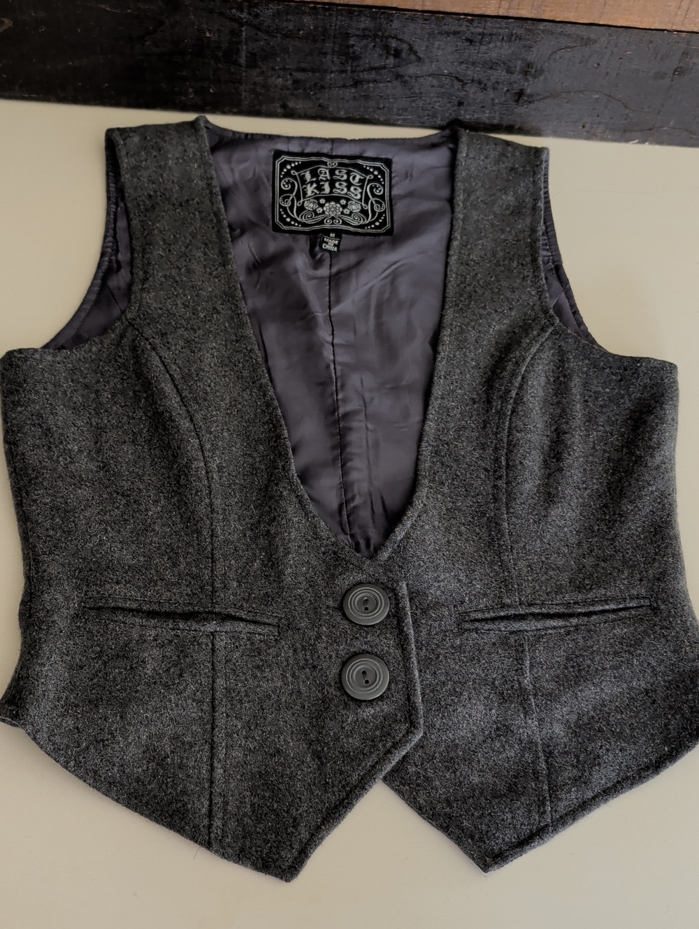 Stylish Women's Gray Wool Vest - Two-Button Tailored Vest Size M